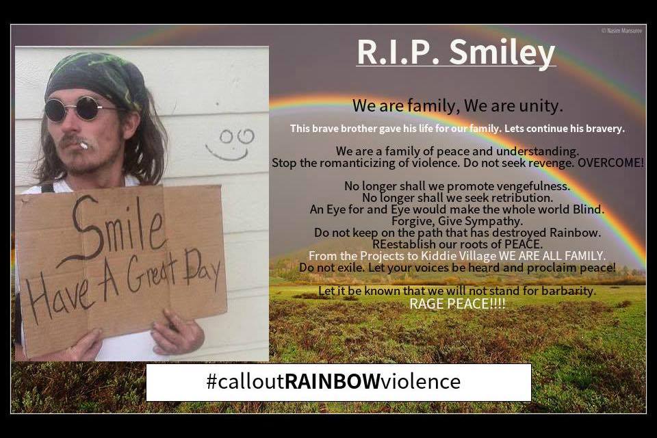 R.I.P. Smiley memorial graphic with a message of peace